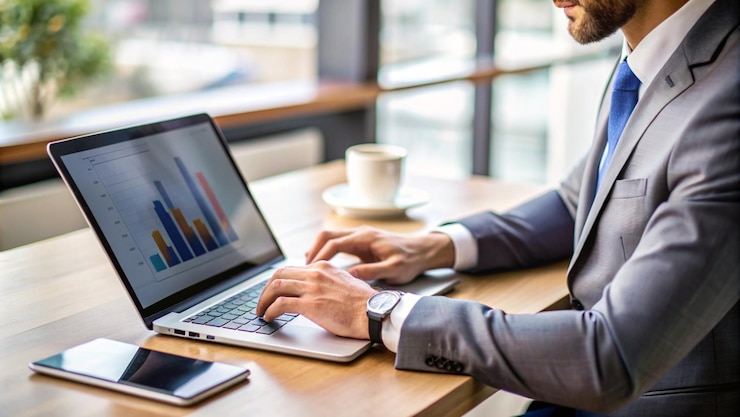 A man in a grey suit typing on a laptop that shows bar charts, with a coffee cup and a phone on the table. Illustrative stock photo.