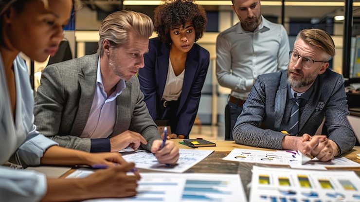 Colleagues leaning over printed charts and documents spread across a table in an open-plan office. Illustrative stock photo.